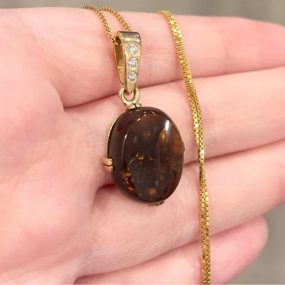 Vintage 14K Gold Fire Agate Pendant with Diamond Accents - Picture 5 of 10